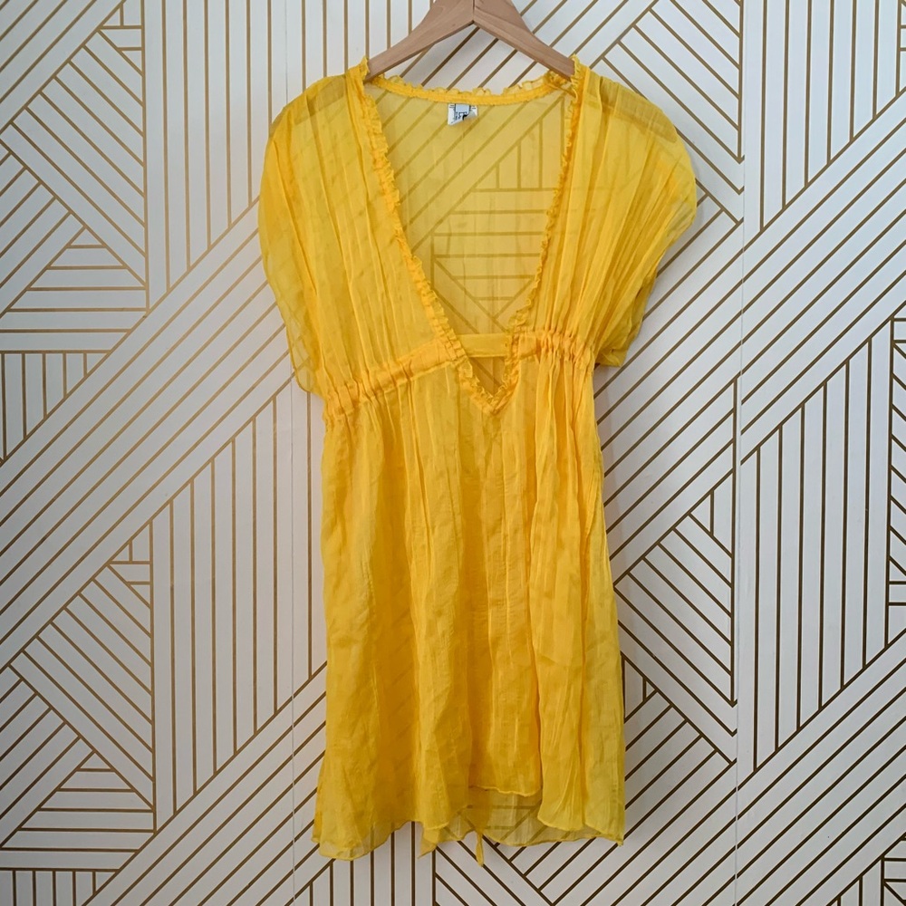 Becca chiffon crinkle Ruffled Swim Coverup plunge drawstring ribbon waist XS-S
